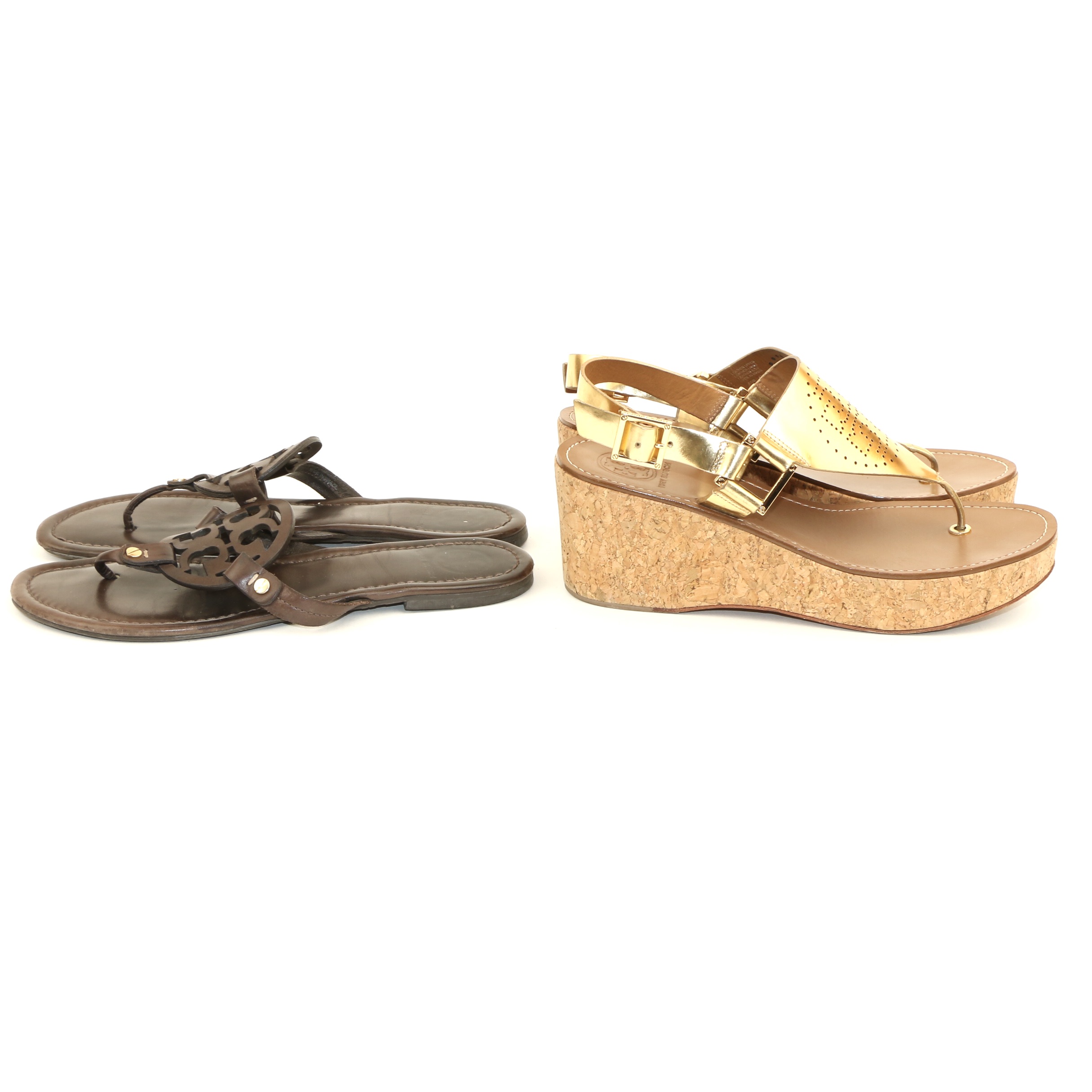 Tory Burch Pierced Leather Cork Wedge Sandals and Miller Medallion Flat Sandals