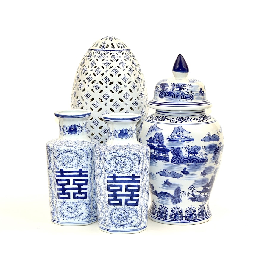 Three Hands Asian Style Porcelain Mantel Vases, Ginger Jar and More Porcelain