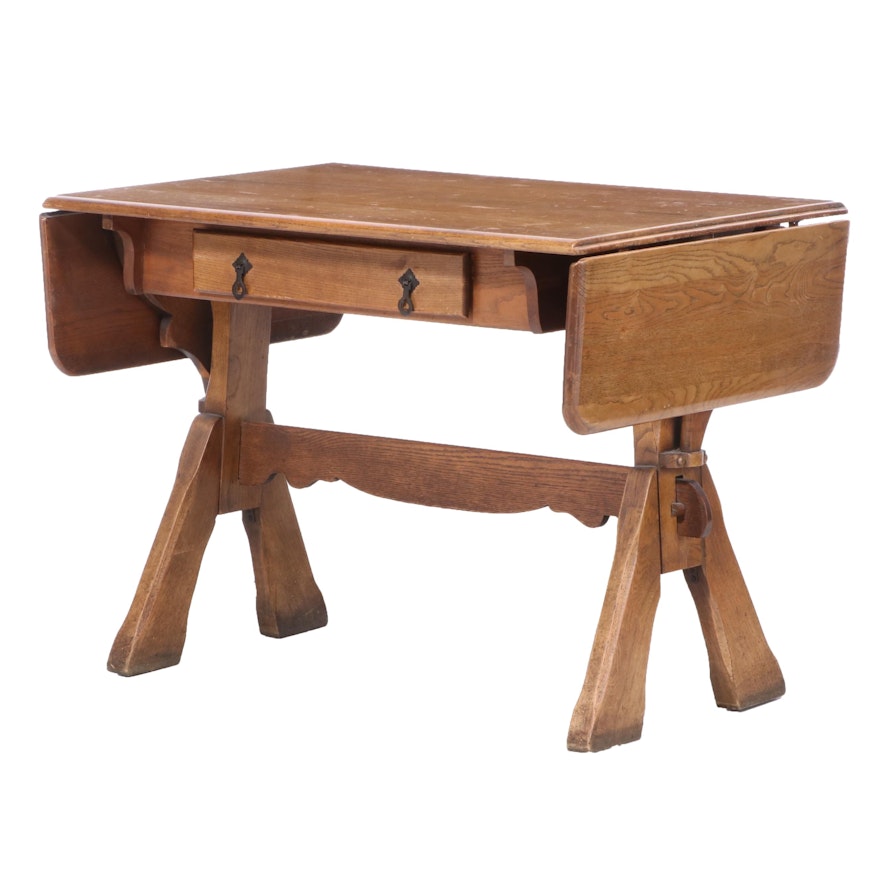 Unique Furniture Makers Oak Drop-Leaf Trestle Table, Mid-20th Century