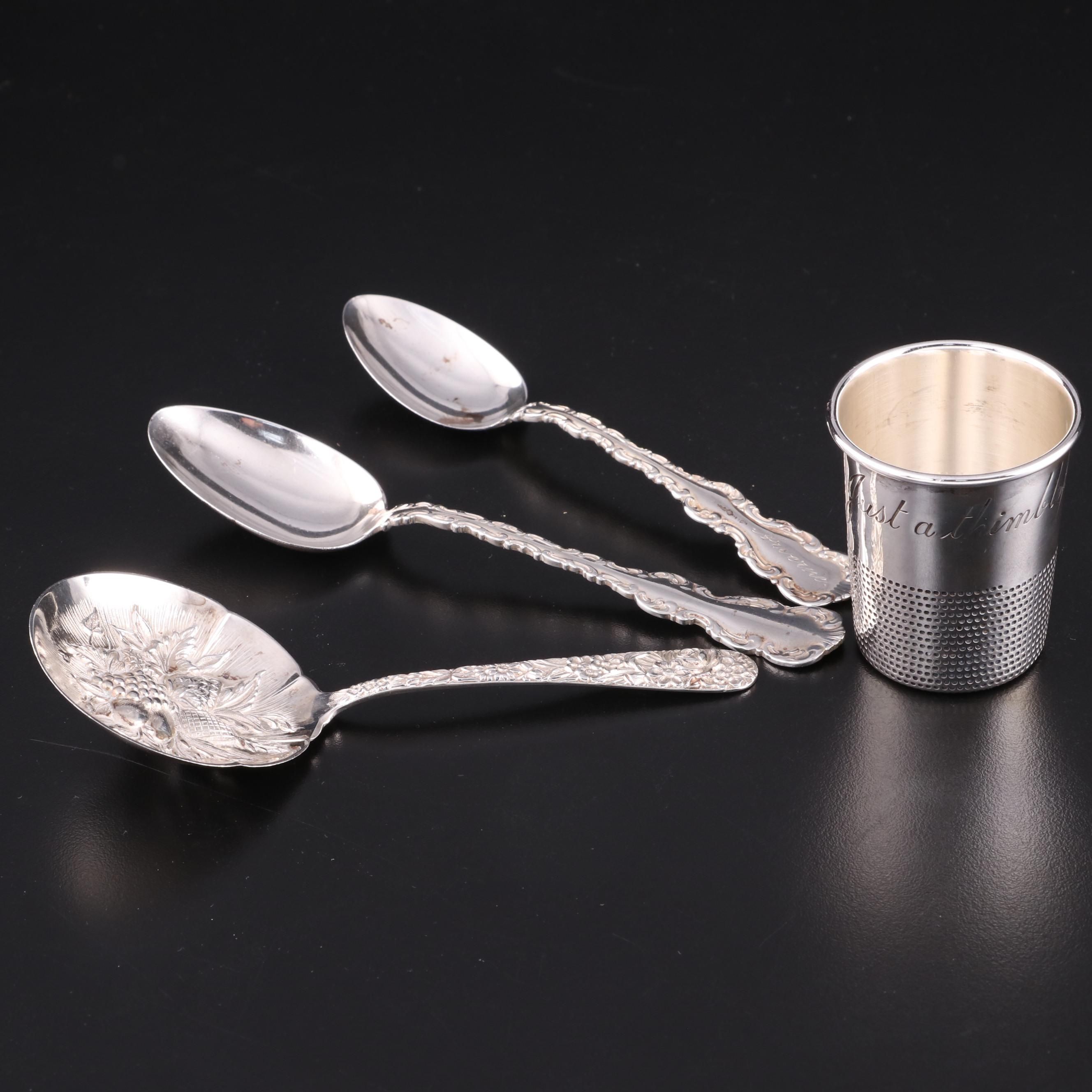 Towle Sterling "Just a Thimbleful" Shot Glass with Kirk Repousse and Louis XV