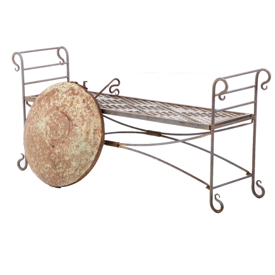 Iron Garden Bench and Hanging Gong, Late 20th Century