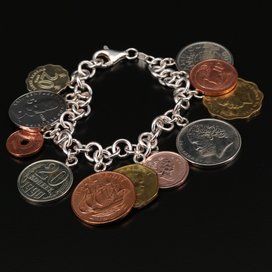 Sterling Silver Charm Bracelet with Foreign Coin Charms