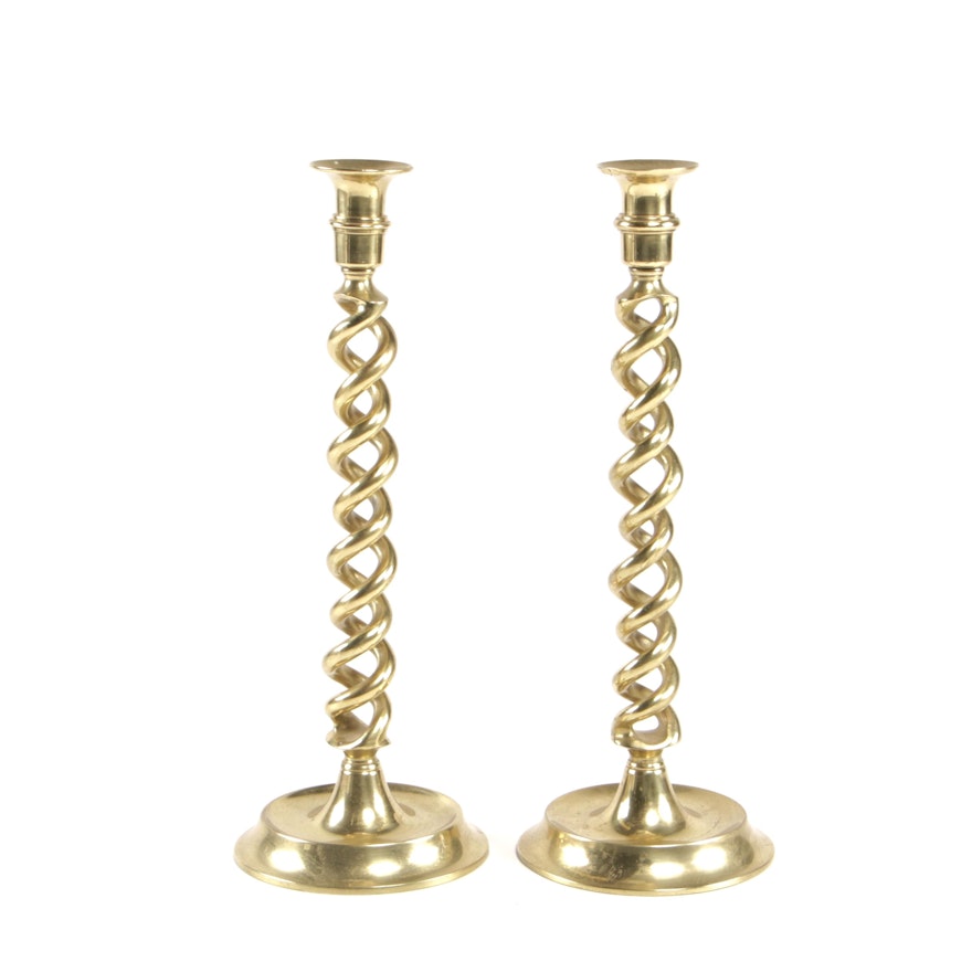 Pair of English Barley Twist Style Brass Candlesticks, Early/Mid 20th Century