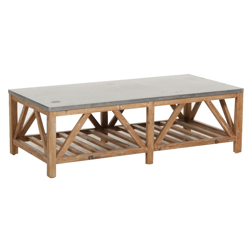 Farmhouse Style Hammered Metal Top Wooden Tiered Coffee Table