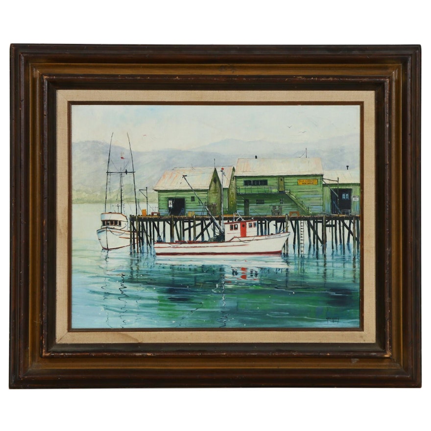 Late 20th Century Dock Scene with Boats Oil Painting