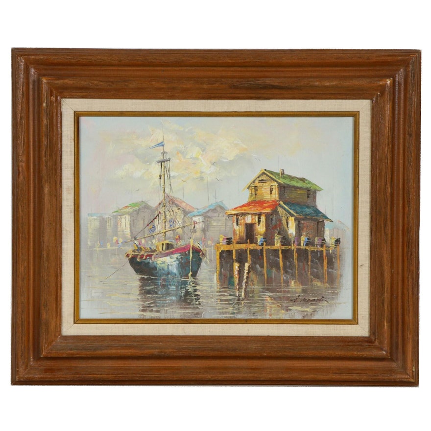 Harbor Scene with Moored Boat Oil Painting, Mid to Late 20th Century