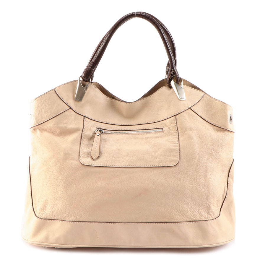 Kenzo Beige Grained Leather Hobo Bag with Grommets and Brown Leather Handles