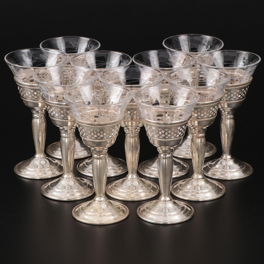 Redlich & Company Sterling Silver Zarf Cordial Cups with Etched Glass Liners