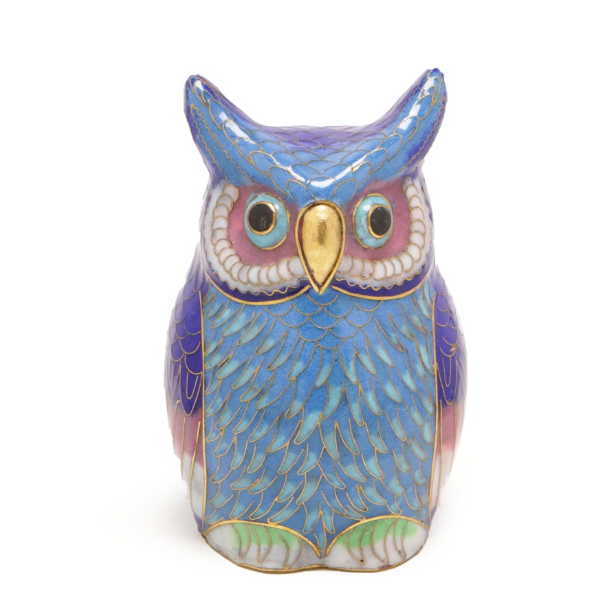 Cloisonné Owl Figurine, Mid to Late 20th Century