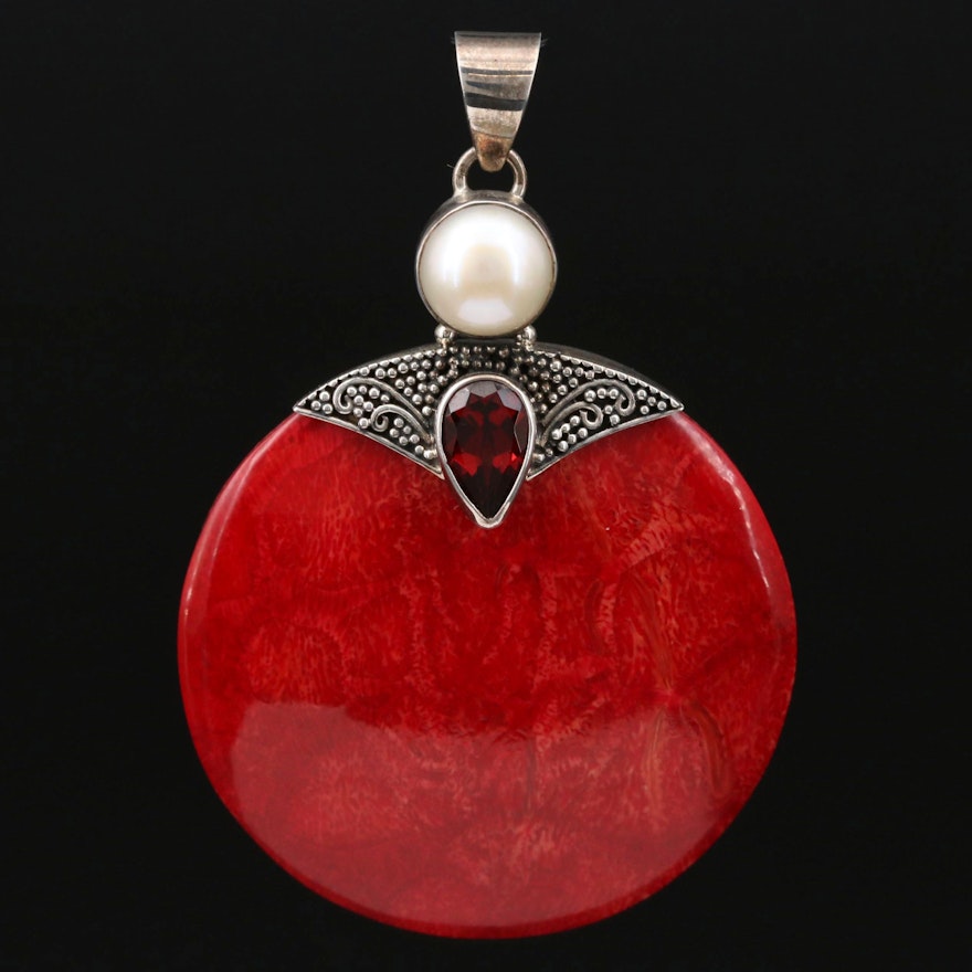 Sterling Silver Coral, Garnet and Pearl Pendant
