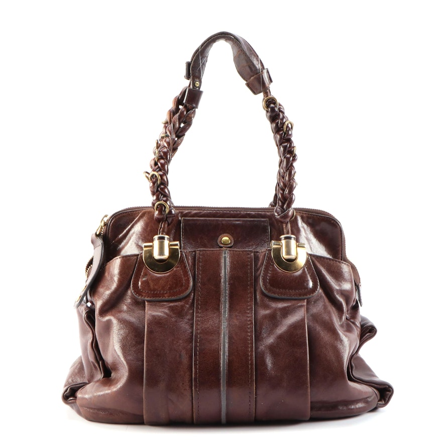 Chloé Heloise Mahogany Brown Leather Shoulder Bag with Braided Handles