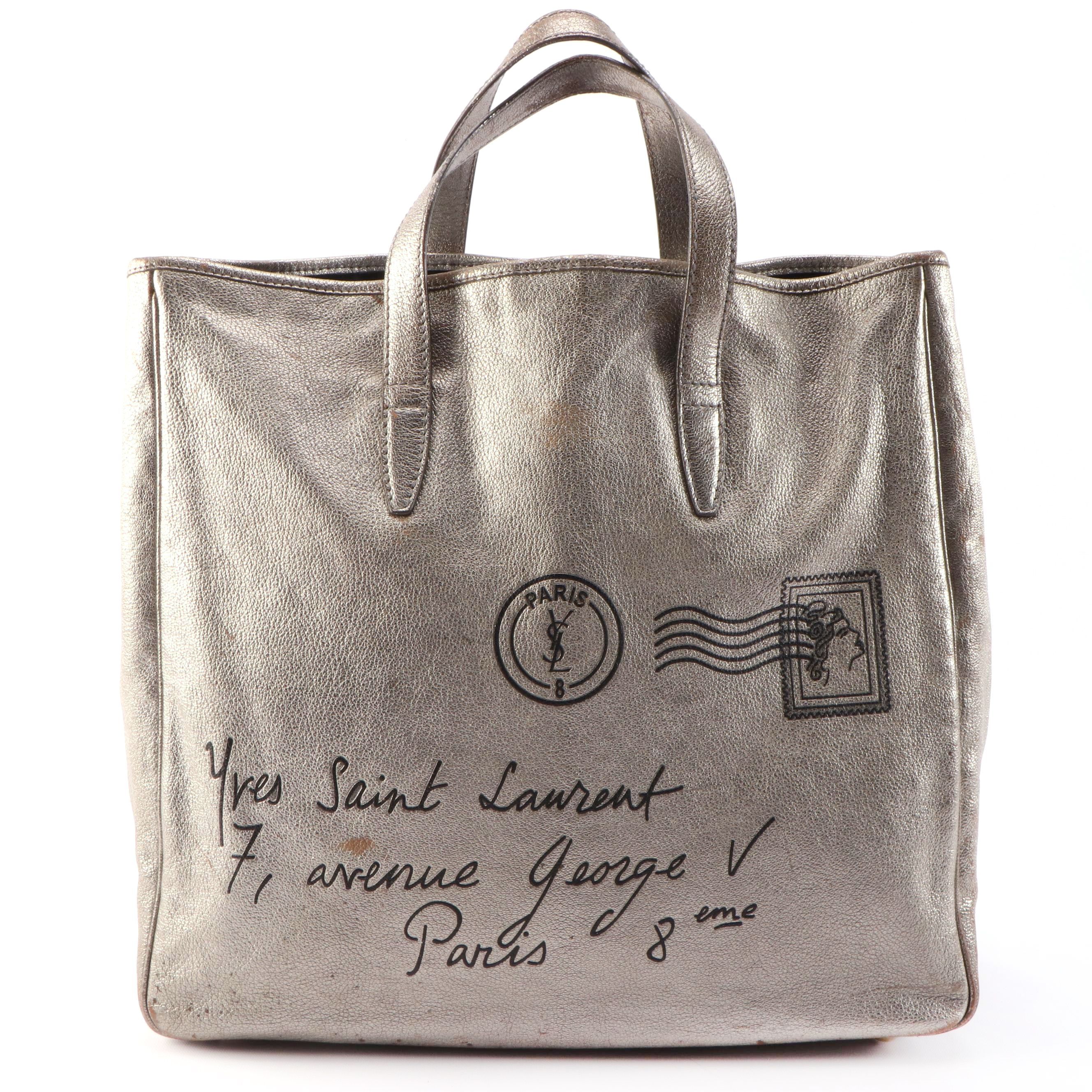 Yves Saint Laurent Y-Mail Postcard Motif Metallic Leather Tote Bag