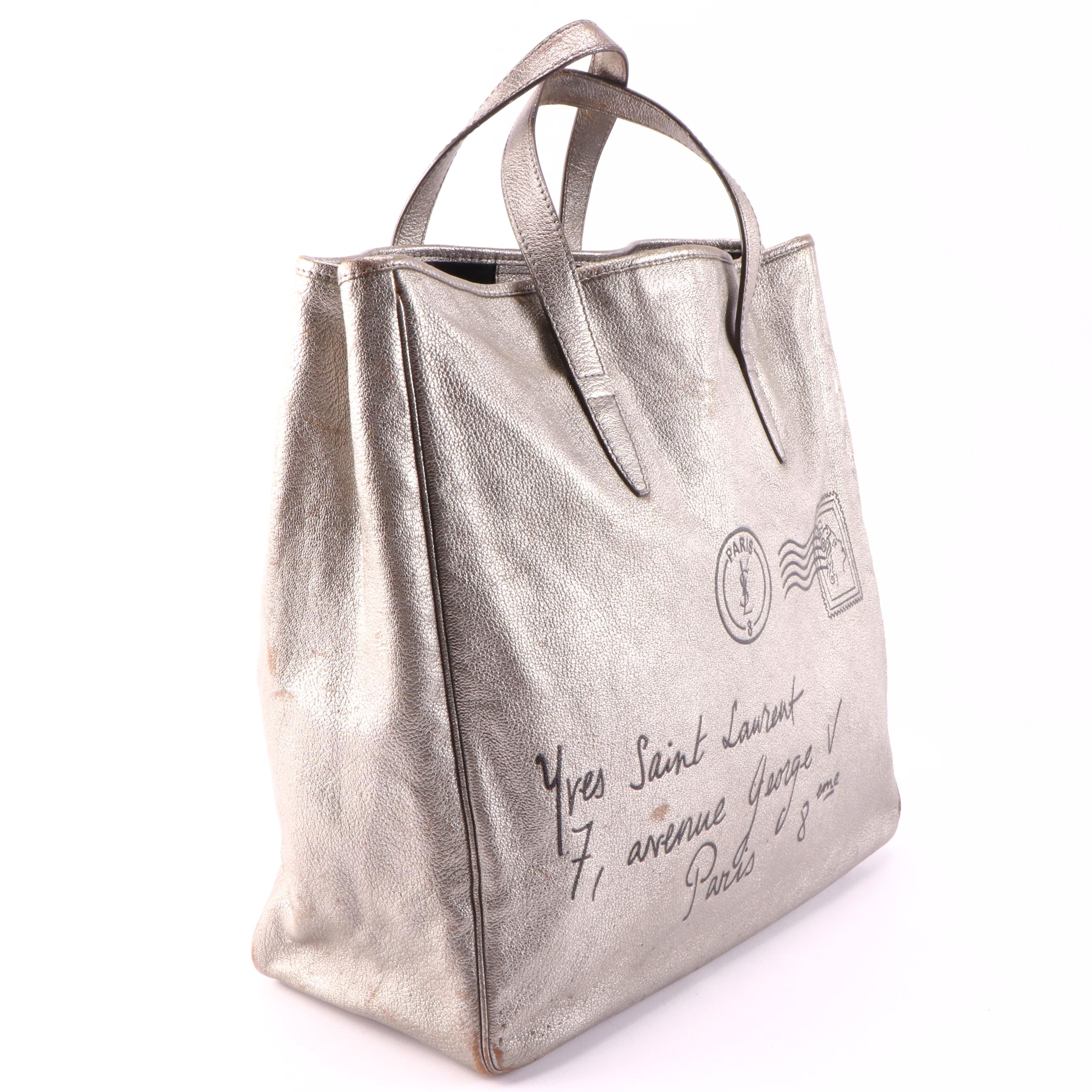 Yves Saint Laurent Y-Mail Postcard Motif Metallic Leather Tote Bag