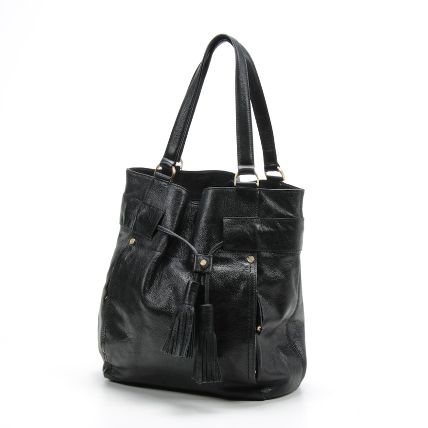 Cole Haan Black Grained Leather Shoulder Bag with Tassel Drawstring