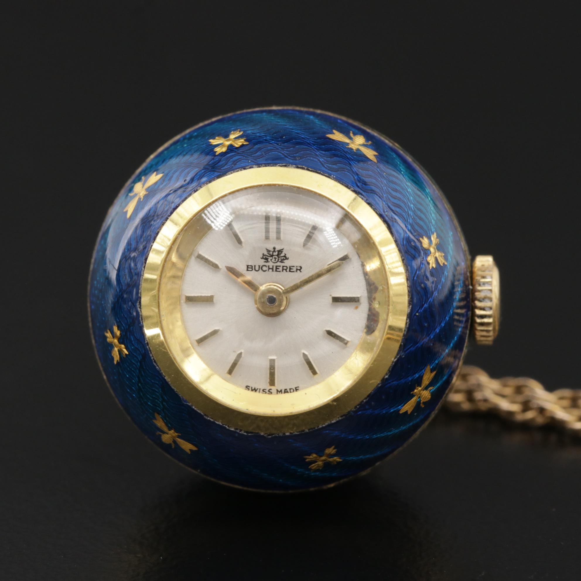 Swiss Bucherer Enamel Pendant Watch with Gold Filled Chain