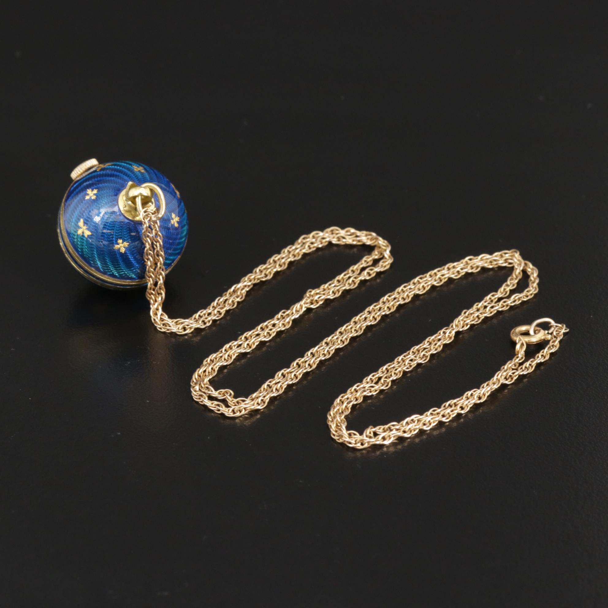 Swiss Bucherer Enamel Pendant Watch with Gold Filled Chain