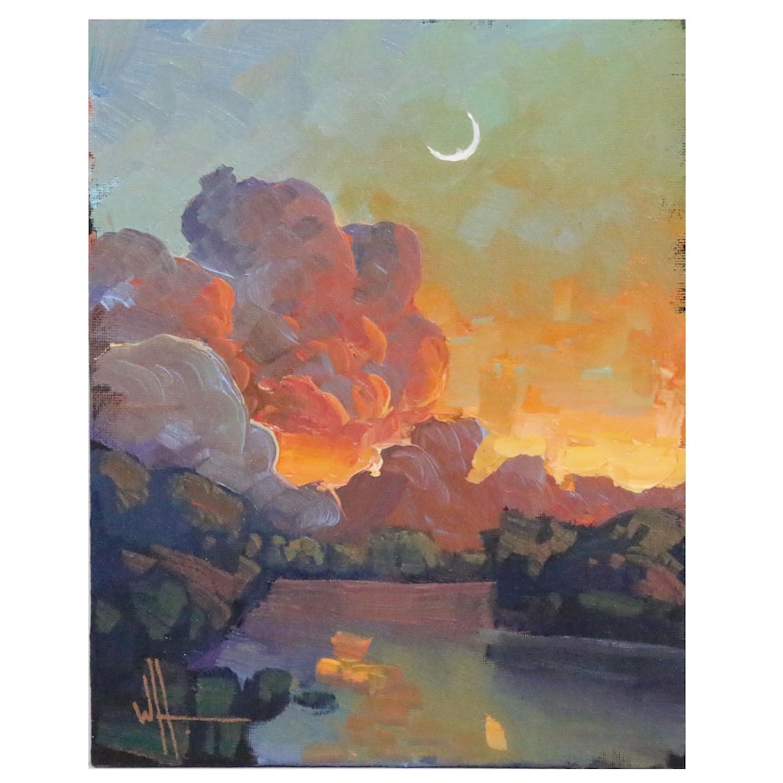 William Hawkins Landscape Oil Painting of Sunset