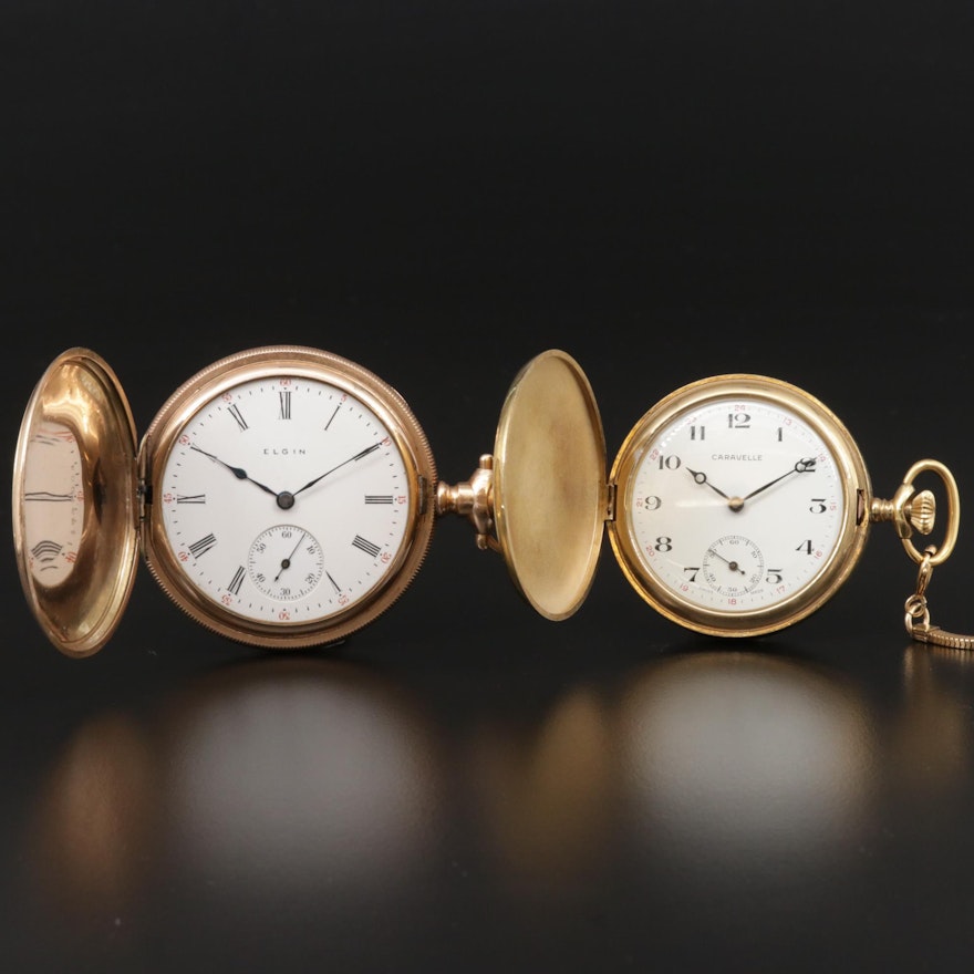 Pair of  Hunter Case Pocket Watches Featuring Elgin and Caravelle