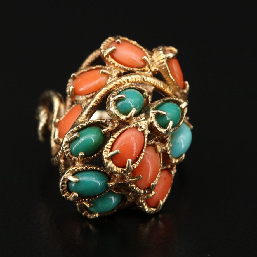 14K Gold Coral and Turquoise Ring