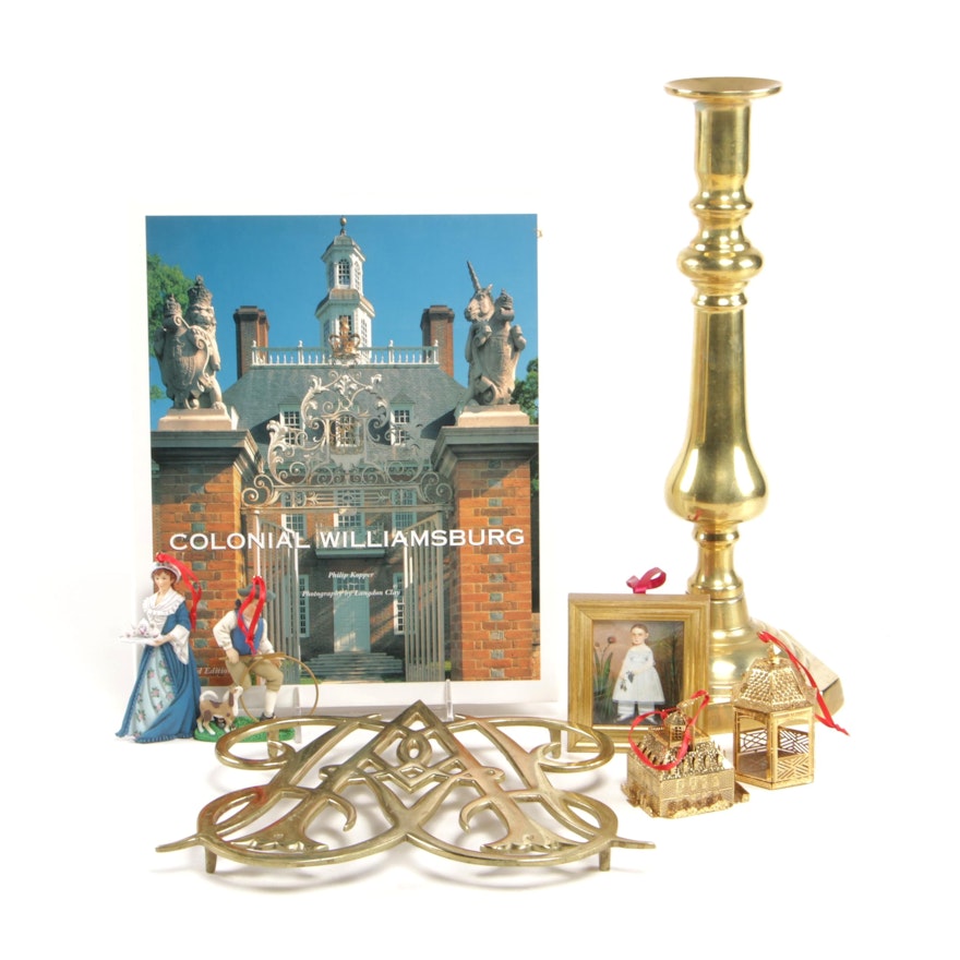 Colonial Williamsburg Book and Brass Trivet with Brass Candlestick and More