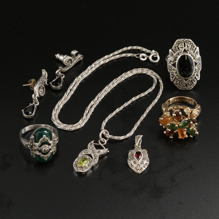 Sterling Silver Rings With Earrings and Pendant Featuring Gemstone Accents