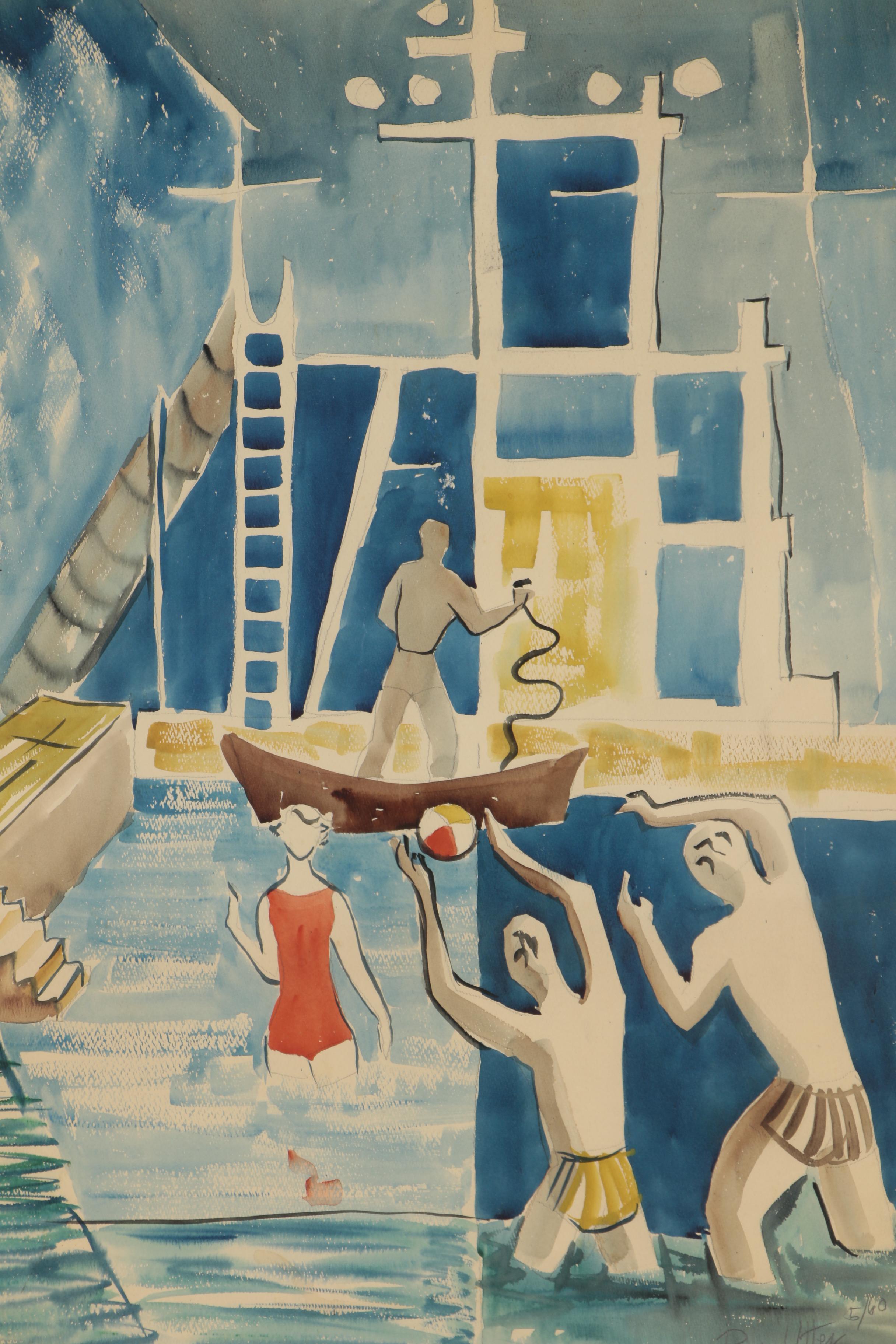 Bror Utter Modernist Figural Watercolor Painting, 1960