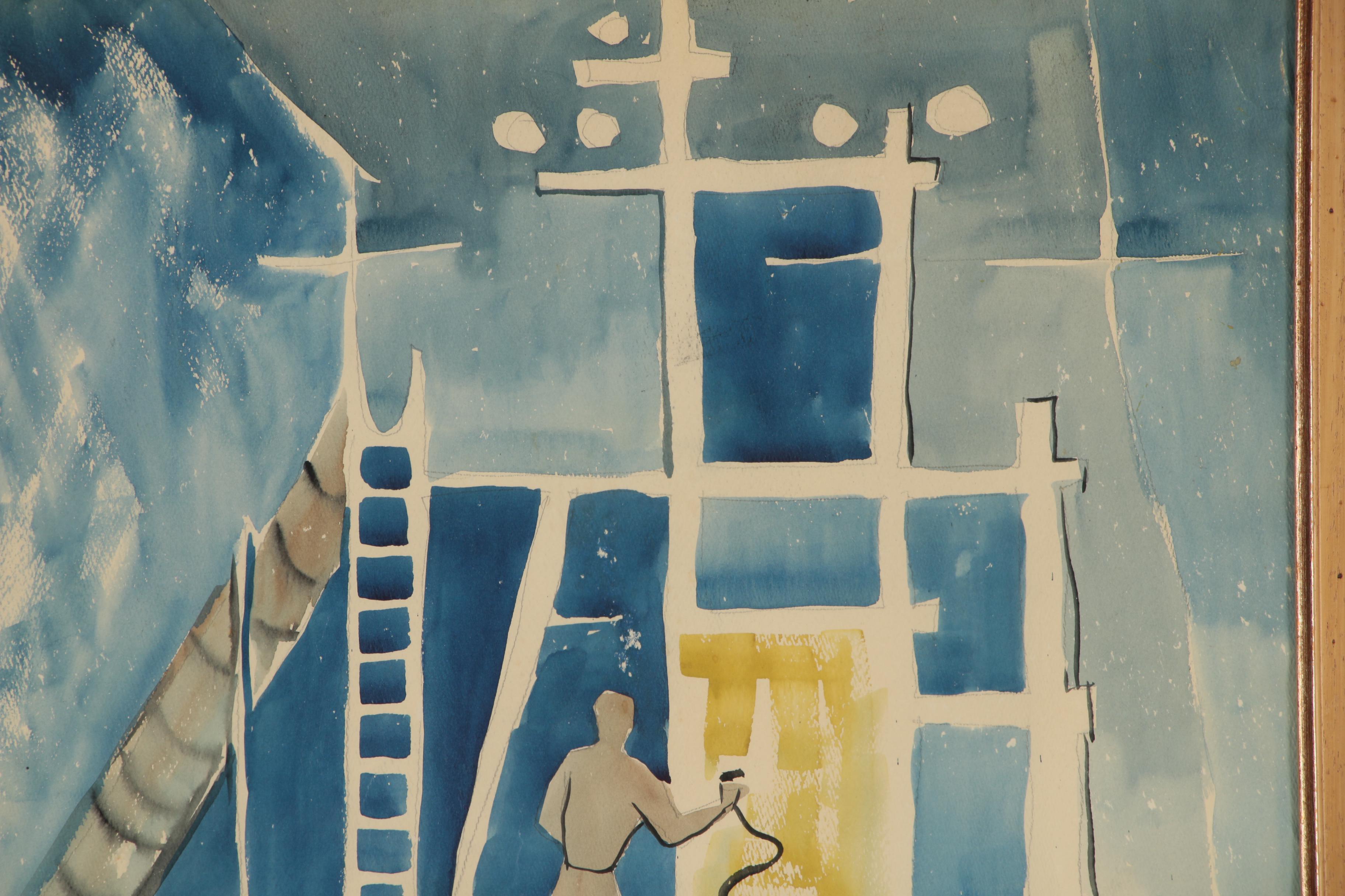 Bror Utter Modernist Figural Watercolor Painting, 1960