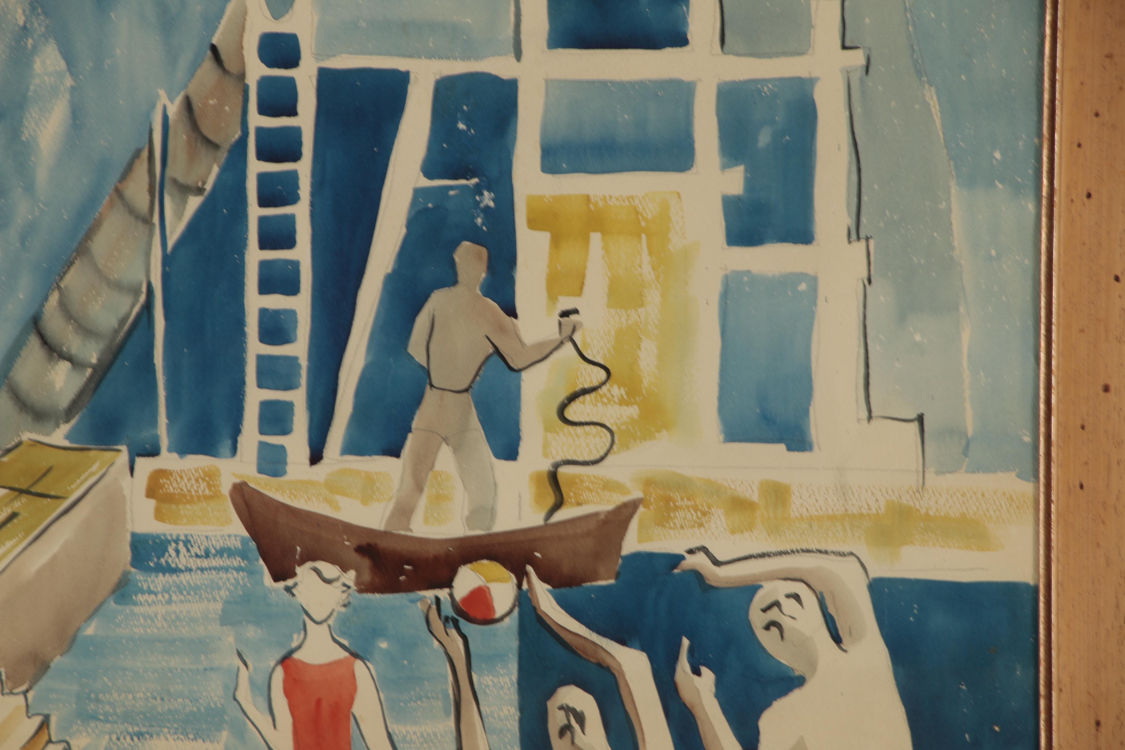 Bror Utter Modernist Figural Watercolor Painting, 1960