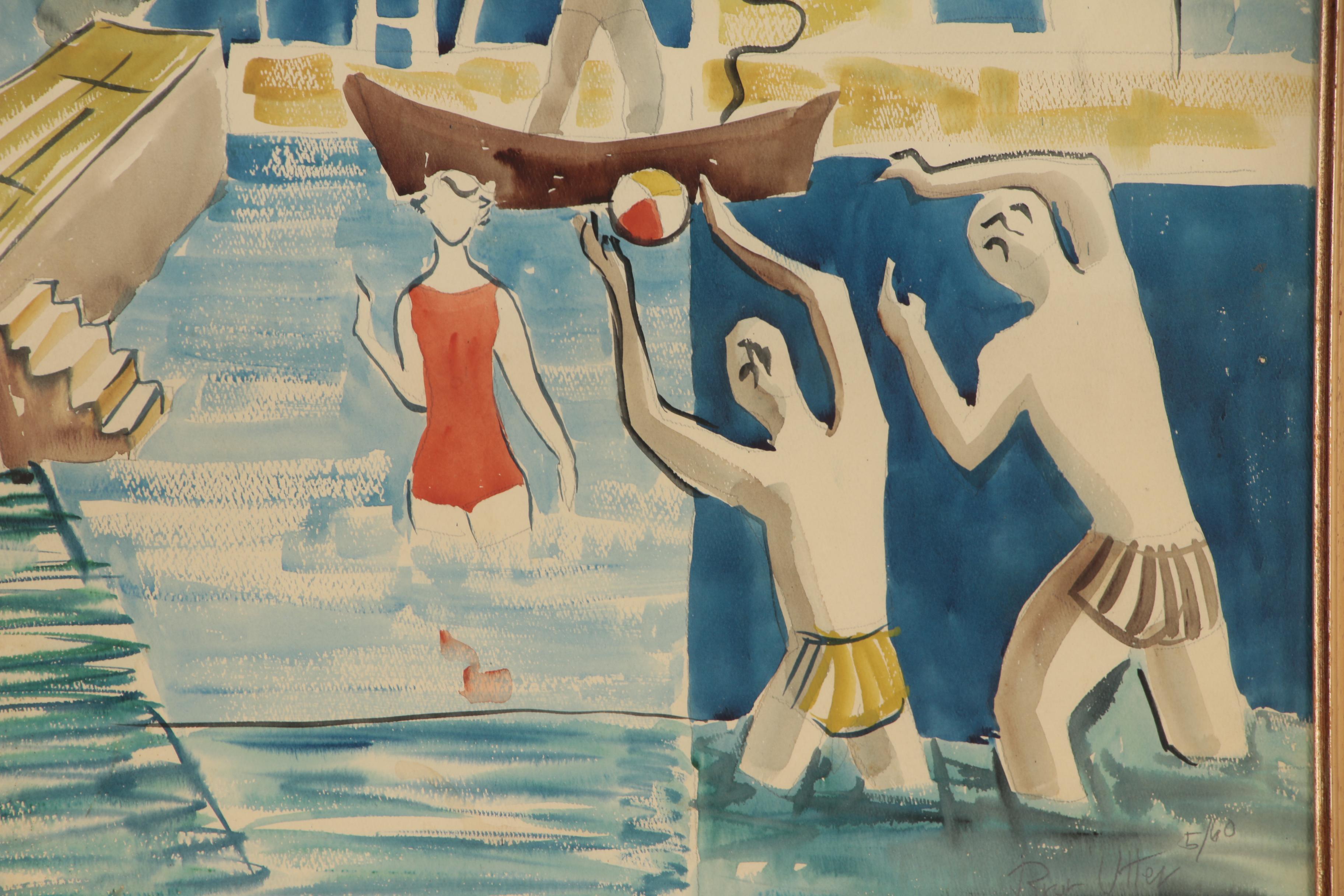 Bror Utter Modernist Figural Watercolor Painting, 1960