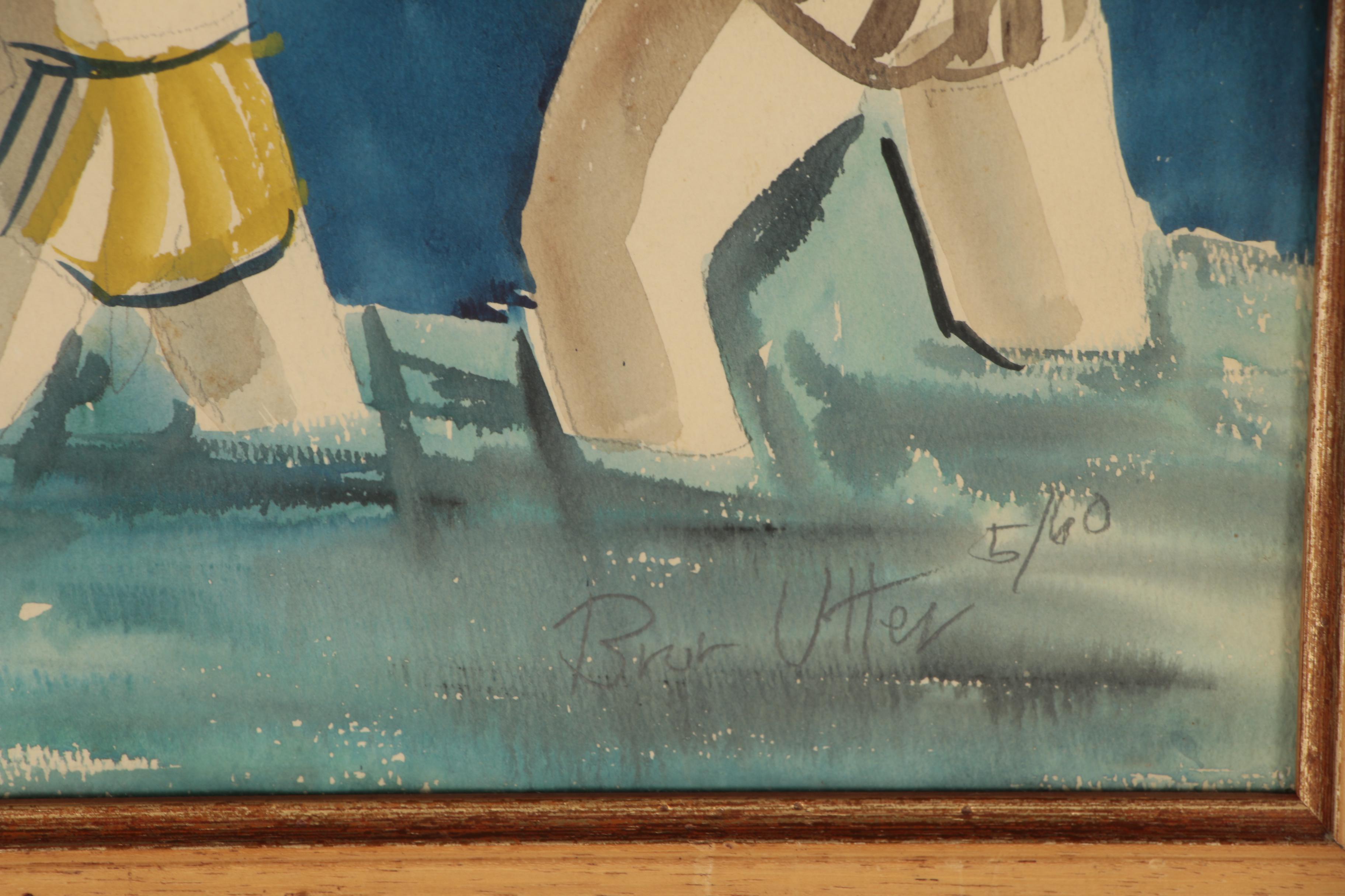 Bror Utter Modernist Figural Watercolor Painting, 1960