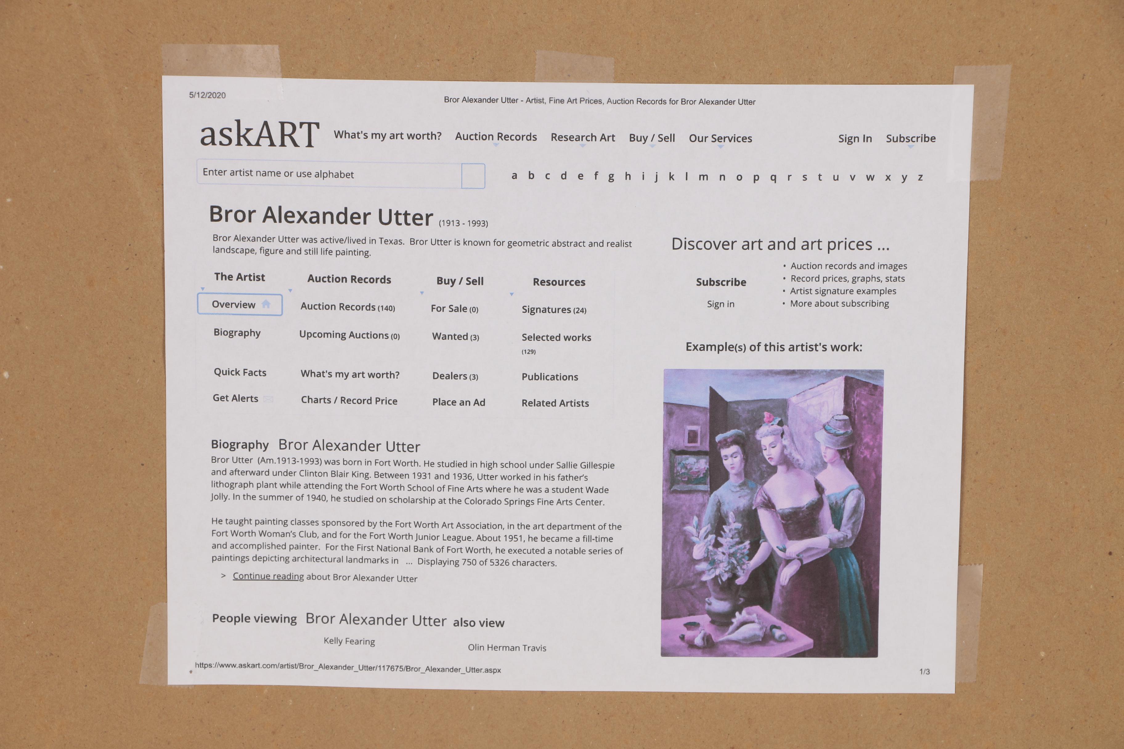 Bror Utter Modernist Figural Watercolor Painting, 1960