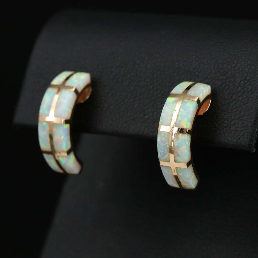 14K Gold Synthetic Opal Half Hoop Earrings