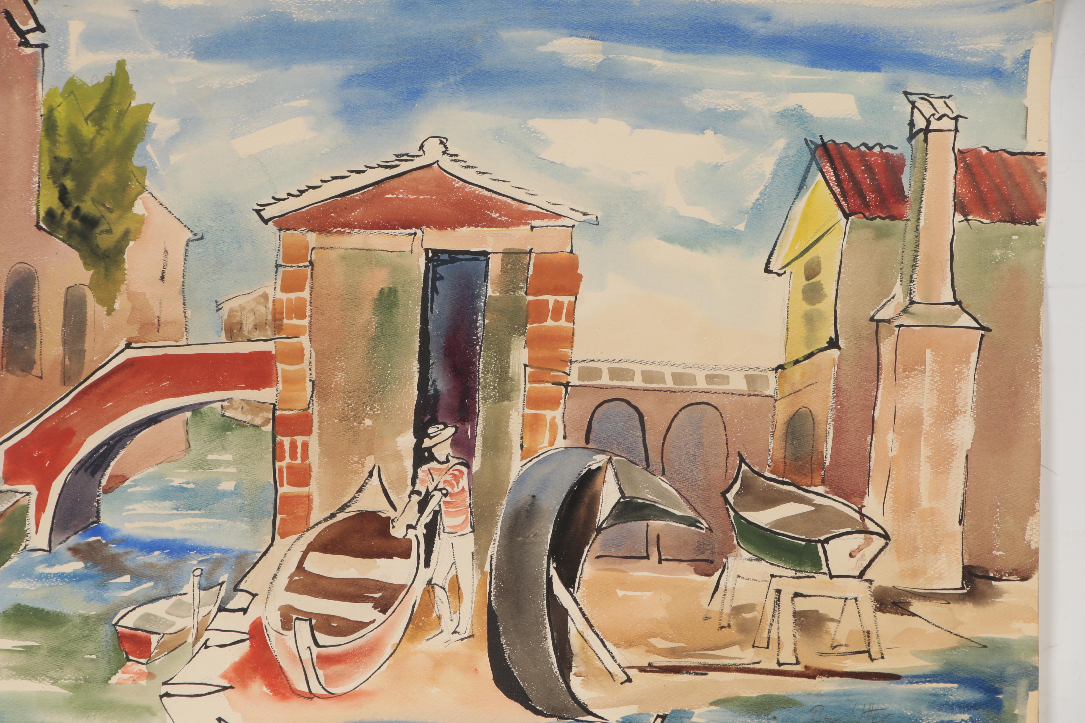 Bror Utter Modernist Canal Scene Watercolor Painting, Mid 20th Century