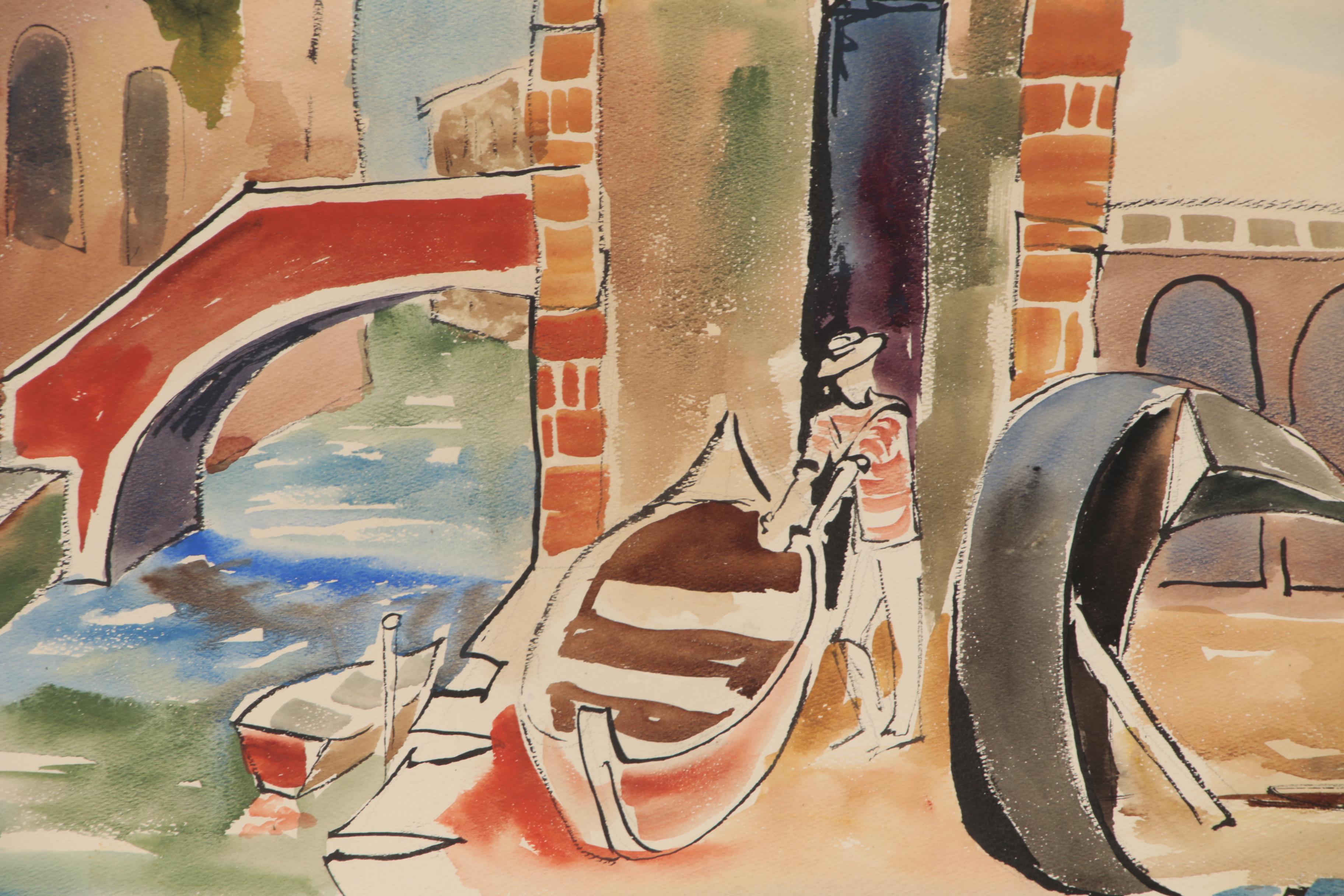 Bror Utter Modernist Canal Scene Watercolor Painting, Mid 20th Century