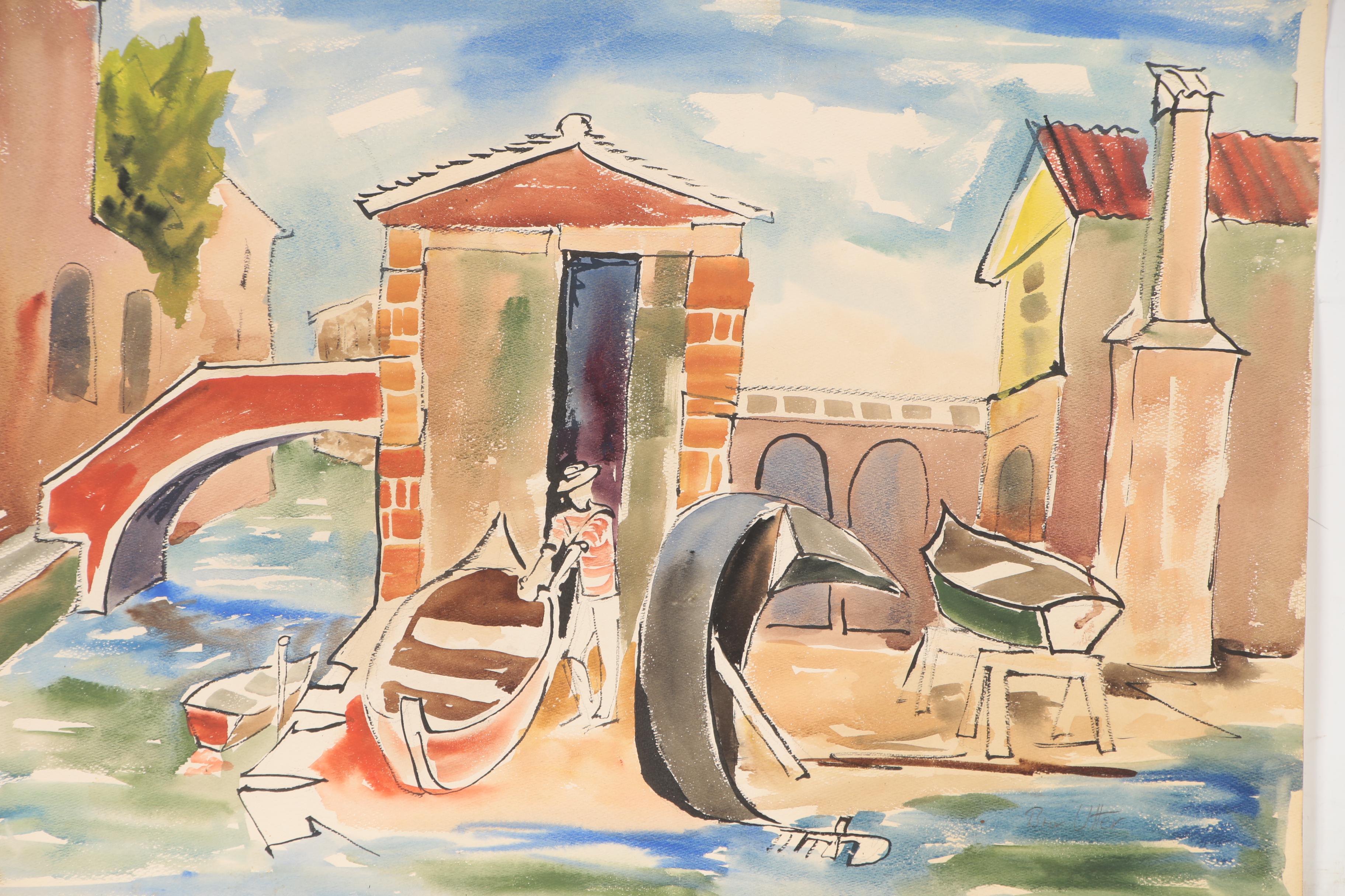 Bror Utter Modernist Canal Scene Watercolor Painting, Mid 20th Century