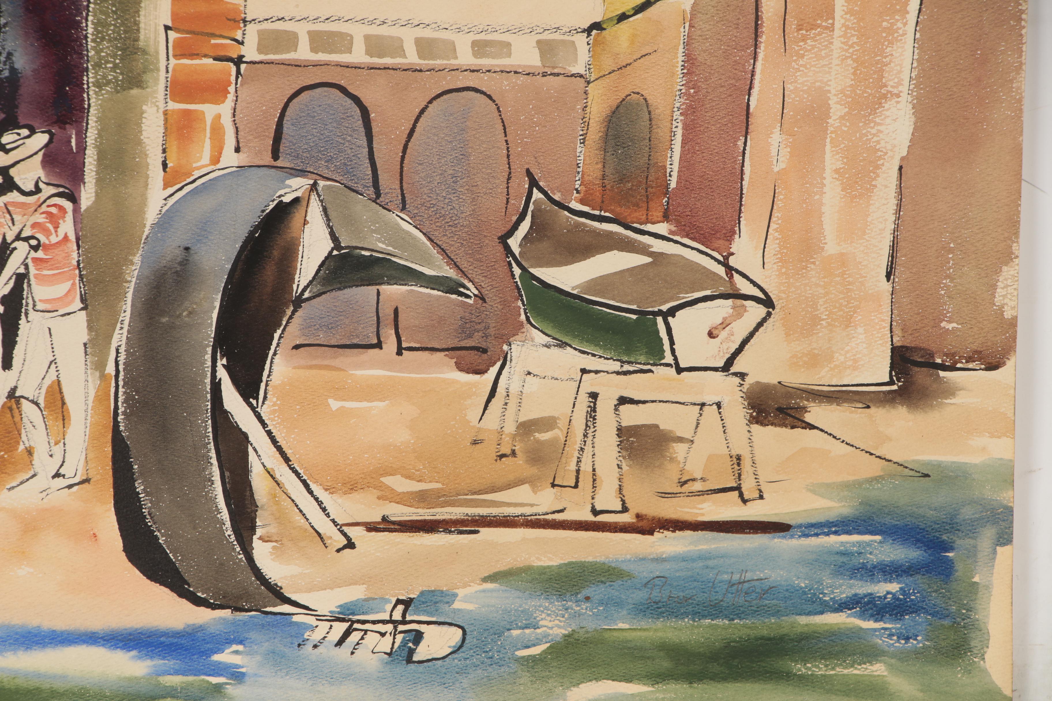 Bror Utter Modernist Canal Scene Watercolor Painting, Mid 20th Century