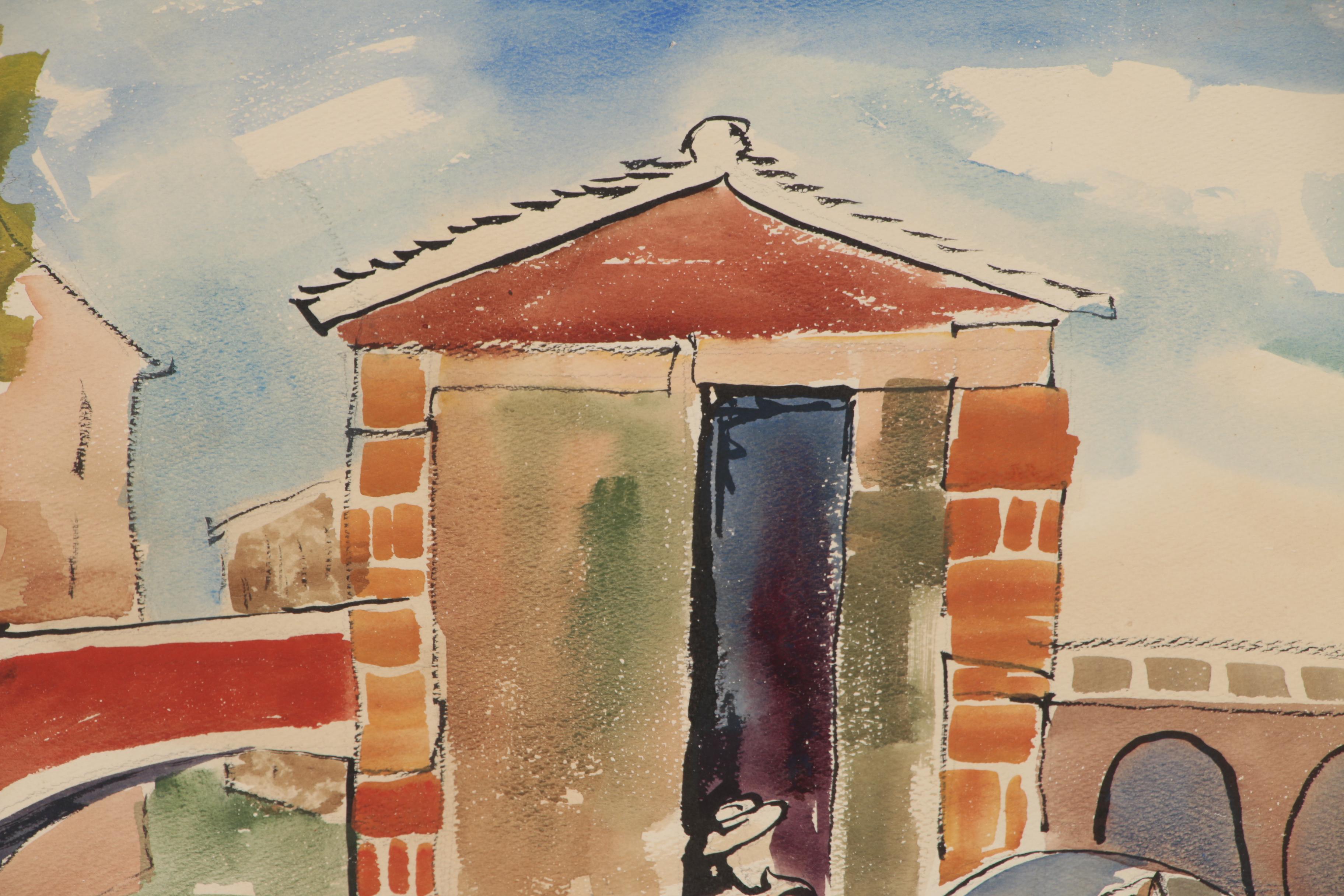 Bror Utter Modernist Canal Scene Watercolor Painting, Mid 20th Century