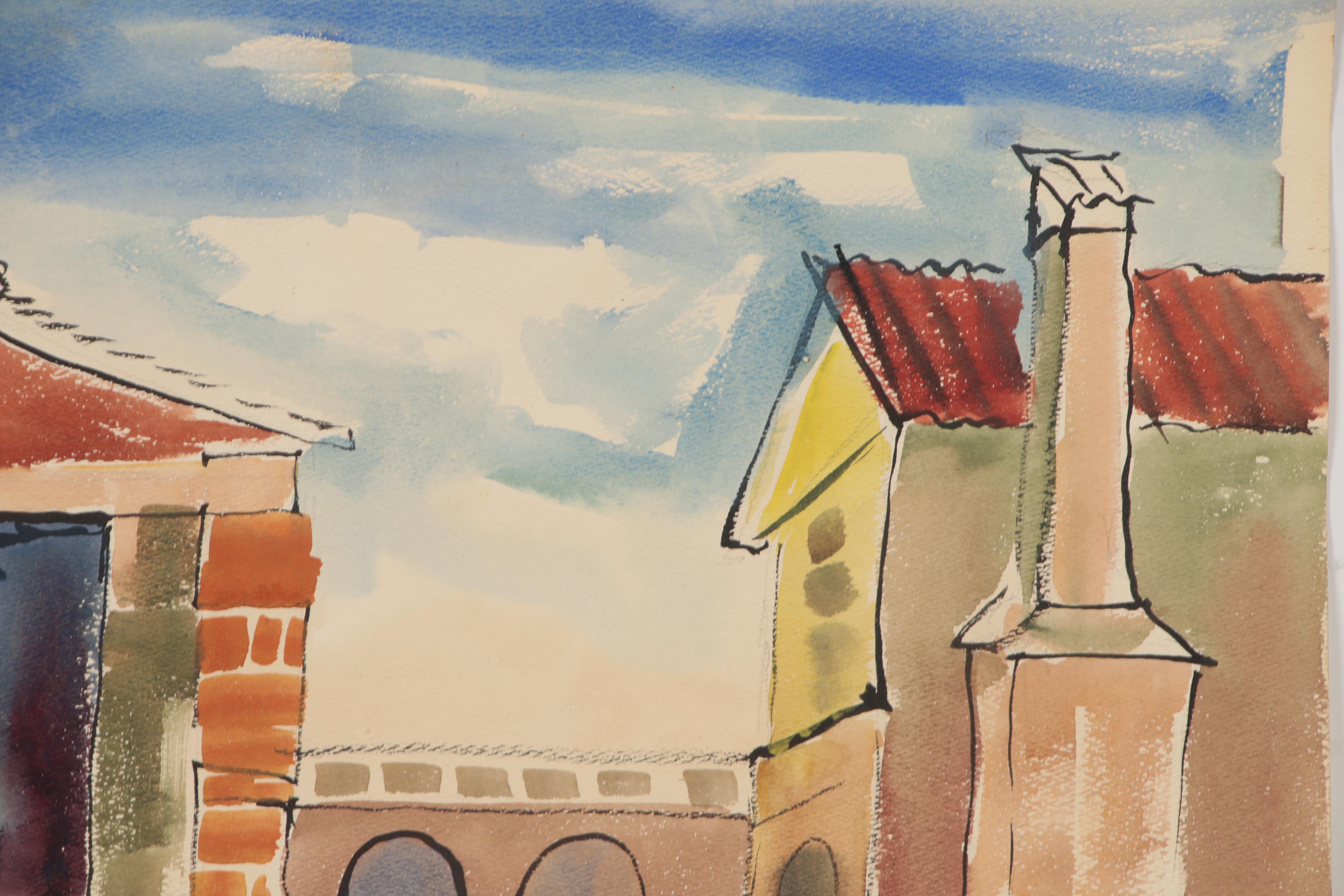 Bror Utter Modernist Canal Scene Watercolor Painting, Mid 20th Century