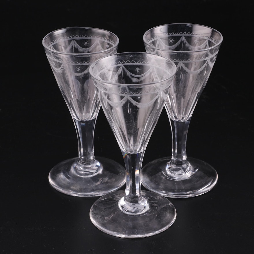 Three Etched Glass Cordials, Early 19th Century