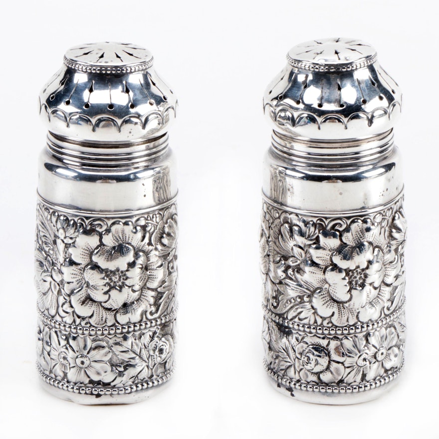 Gorham Repoussé Sterling Silver Salt and Pepper Shakers, Late 19th Century