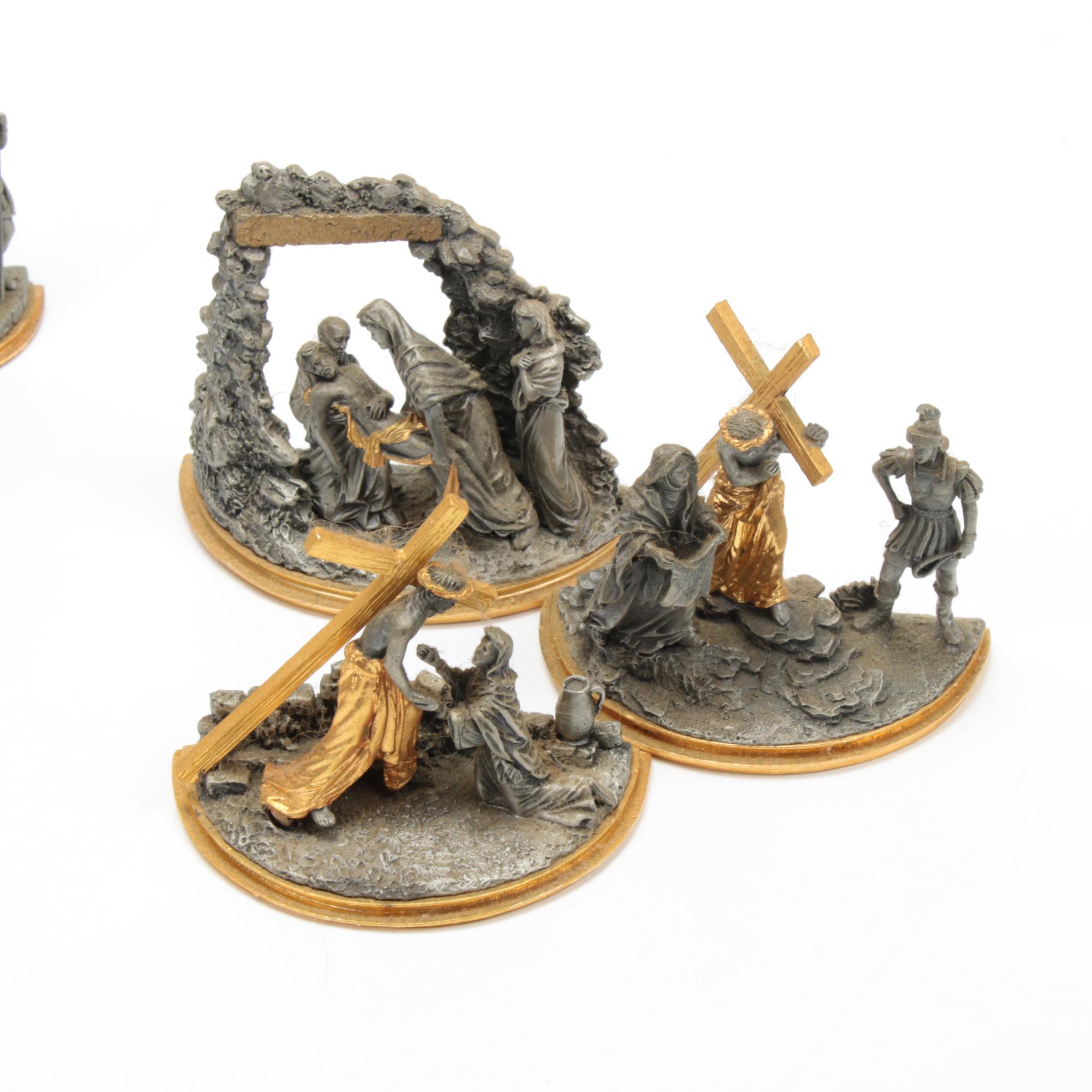 Franklin Mint Pewter "Stations of the Cross" Figurines and Display