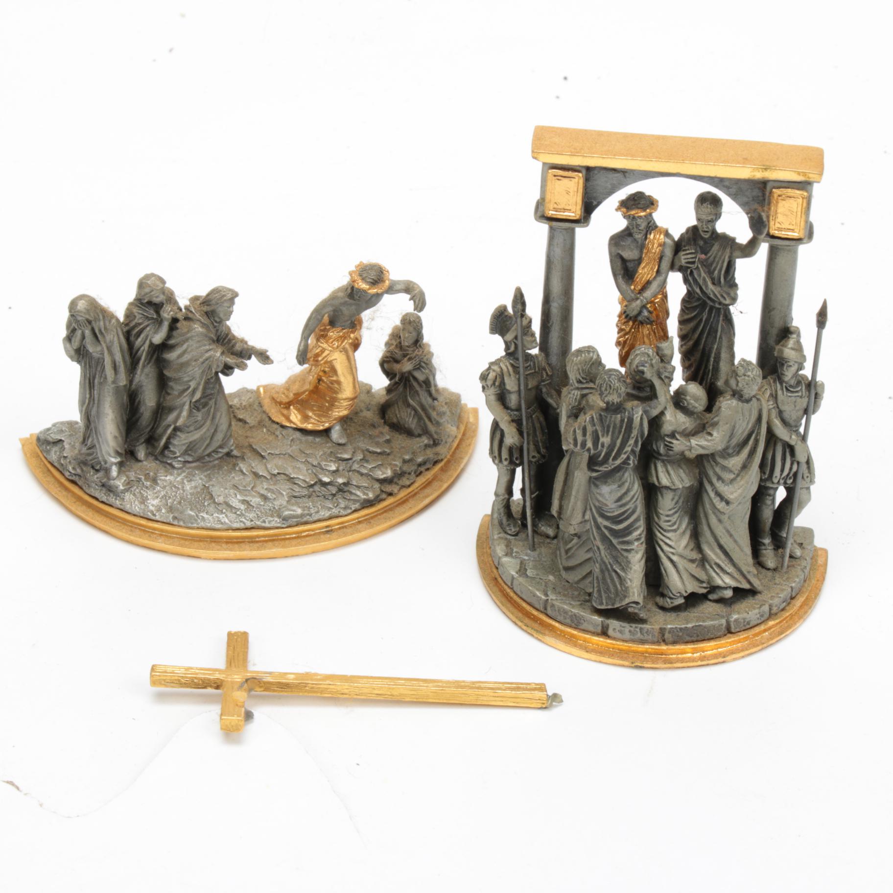Franklin Mint Pewter "Stations of the Cross" Figurines and Display