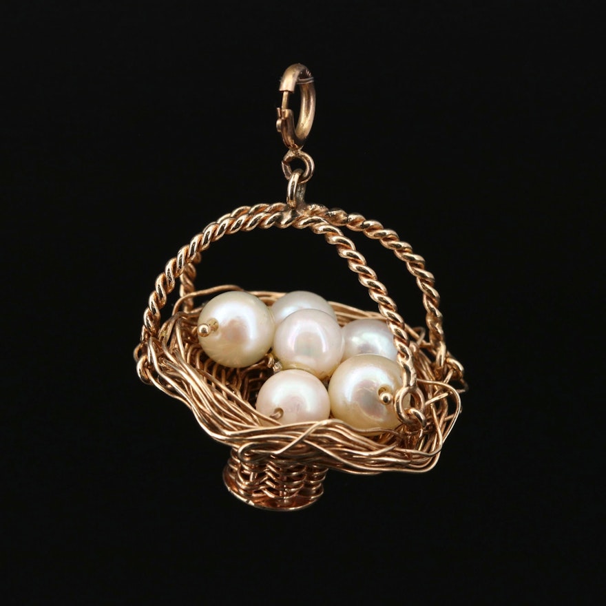 14K Yellow Gold Pearl Basket of Eggs Pendant