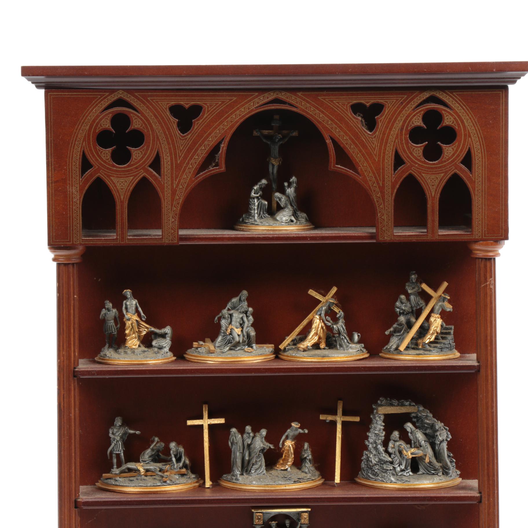 Franklin Mint Pewter "Stations of the Cross" Figurines and Display