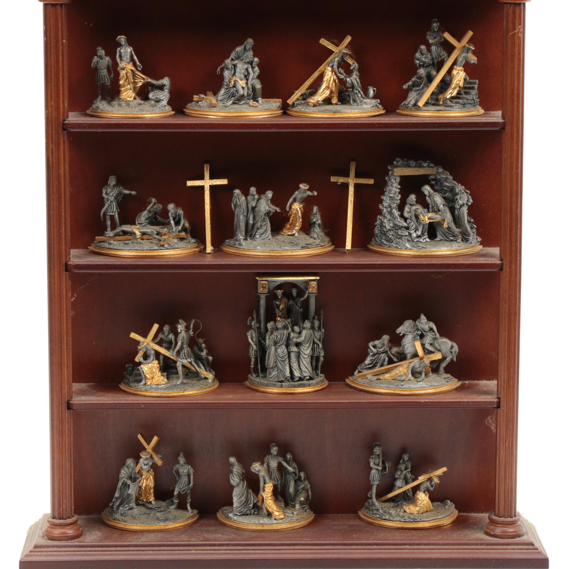 Franklin Mint Pewter "Stations of the Cross" Figurines and Display