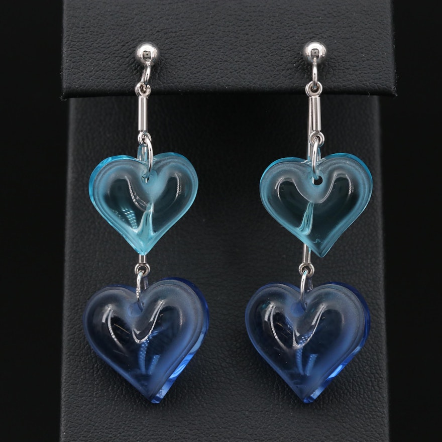 Lalique "Coeur" Sterling Silver Blue Crystal Double Heart Dangle Earrings