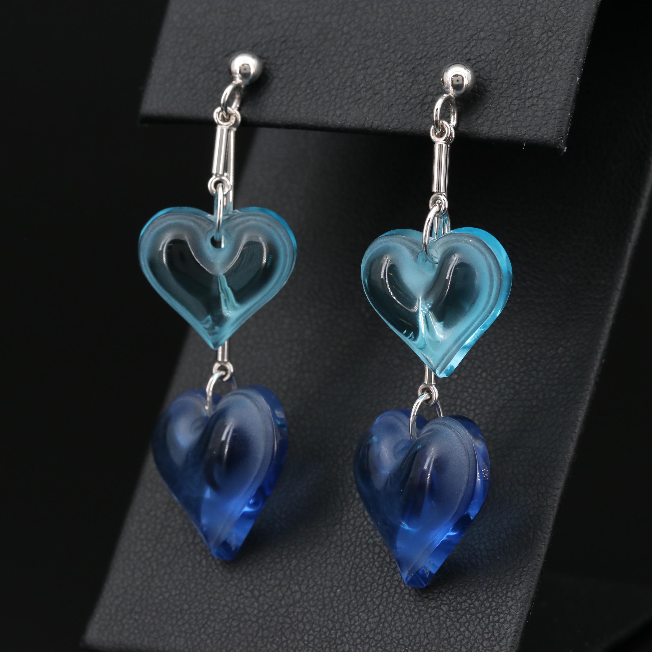 Lalique "Coeur" Sterling Silver Blue Crystal Double Heart Dangle Earrings
