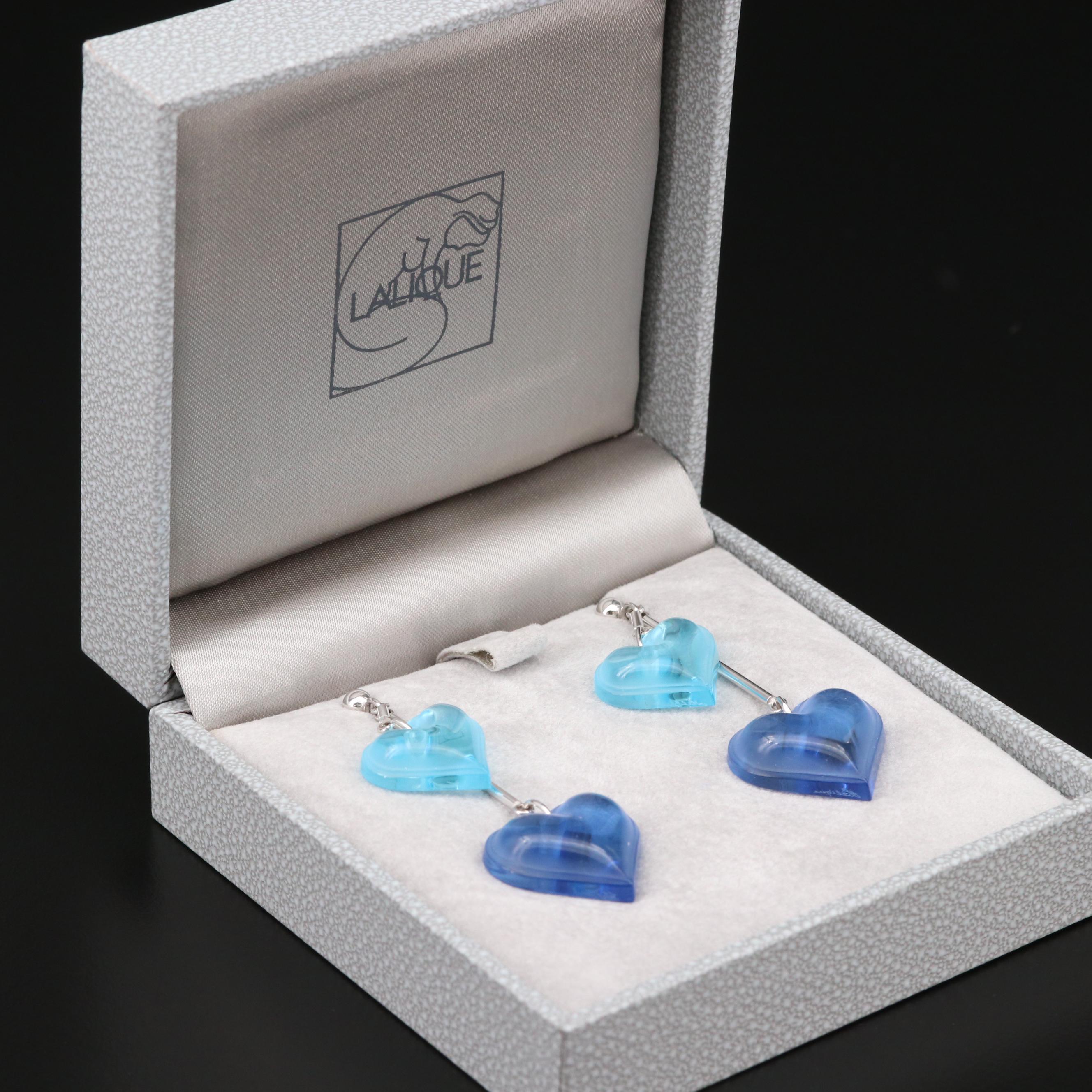Lalique "Coeur" Sterling Silver Blue Crystal Double Heart Dangle Earrings