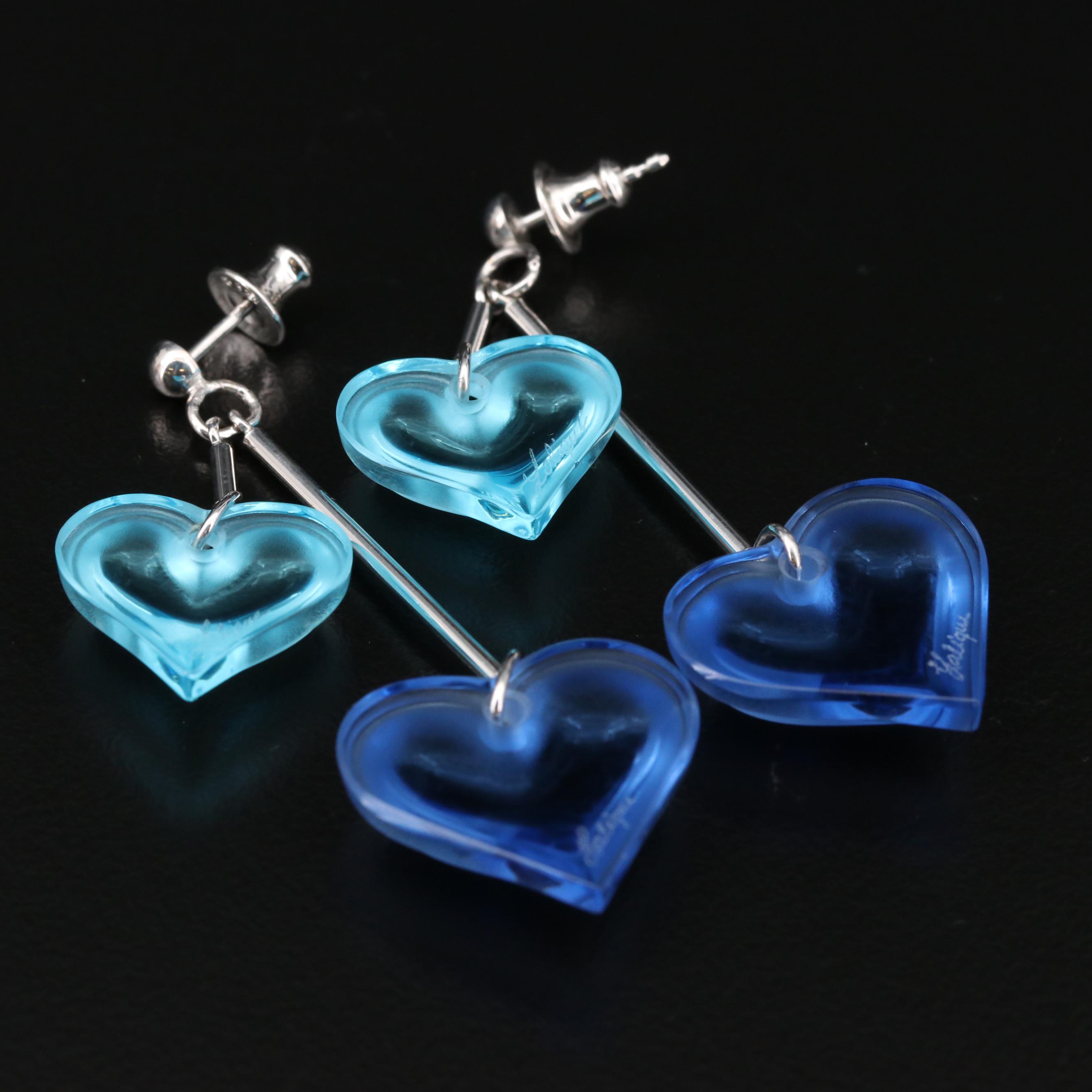 Lalique "Coeur" Sterling Silver Blue Crystal Double Heart Dangle Earrings