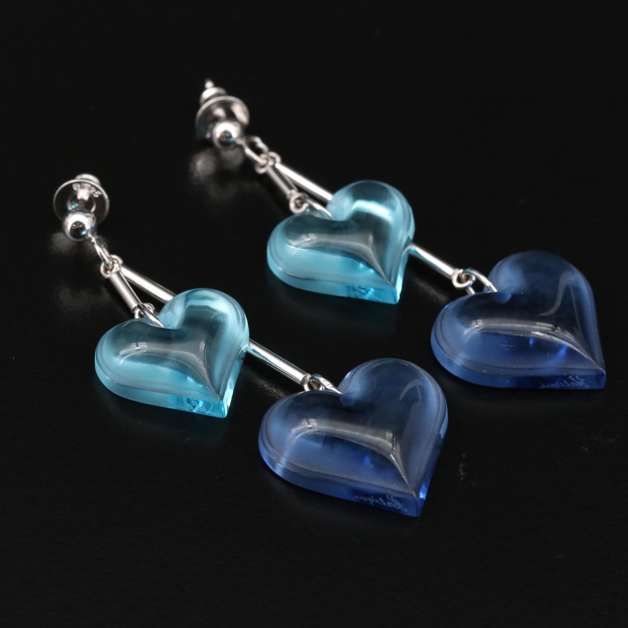 Lalique "Coeur" Sterling Silver Blue Crystal Double Heart Dangle Earrings